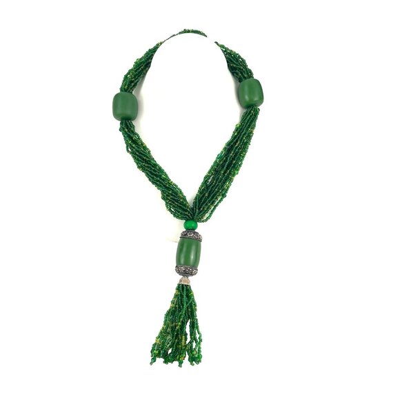 Handcrafted Green Beaded Necklace With Tassel Decorative Silver Accents Adjustab - Picture 5 of 10
